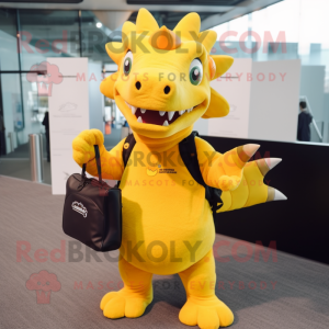 Yellow Stegosaurus mascot costume character dressed with a Sweatshirt and Briefcases