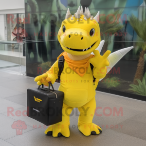 Yellow Stegosaurus mascot costume character dressed with a Sweatshirt and Briefcases