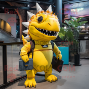 Yellow Stegosaurus mascot costume character dressed with a Sweatshirt and Briefcases