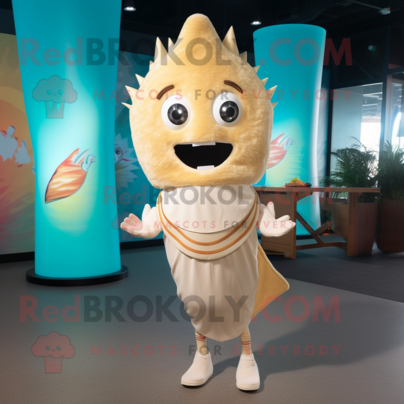 Beige Fish Tacos mascot costume character dressed with a Yoga Pants and Hairpins Beige Fish Tacos mascot costume character dressed with a Yoga Pants and Hairpins
