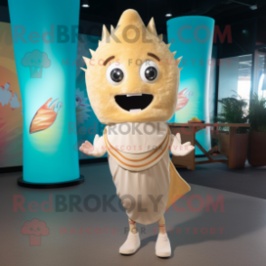 Beige Fish Tacos mascot costume character dressed with a Yoga Pants and Hairpins