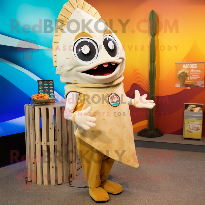Beige Fish Tacos mascot costume character dressed with a Yoga Pants and Hairpins Beige Fish Tacos mascot costume character dressed with a Yoga Pants and Hairpins