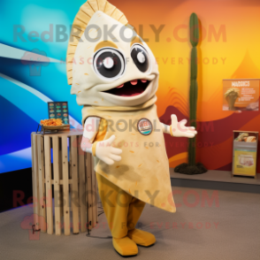 Beige Fish Tacos mascot costume character dressed with a Yoga Pants and Hairpins
