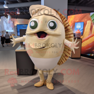 Beige Fish Tacos mascot costume character dressed with a Yoga Pants and Hairpins