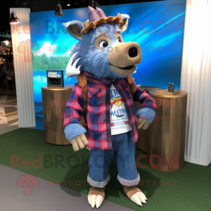 Blue Wild Boar mascot costume character dressed with a Flannel Shirt and Lapel pins