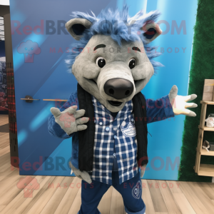 Blue Wild Boar mascot costume character dressed with a Flannel Shirt and Lapel pins