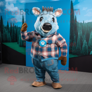 Blue Wild Boar mascot costume character dressed with a Flannel Shirt and Lapel pins