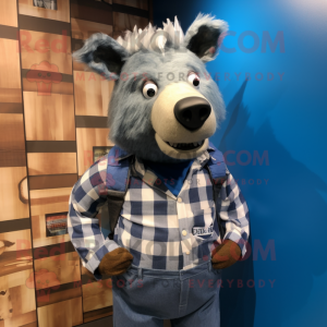 Blue Wild Boar mascot costume character dressed with a Flannel Shirt and Lapel pins