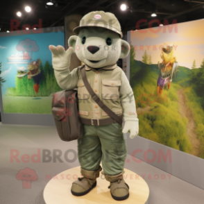 Gray Green Beret mascot costume character dressed with a Chinos and Tote bags