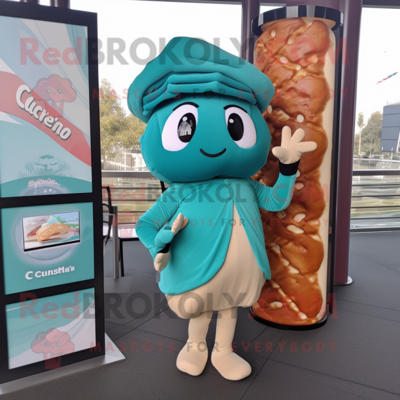 Teal Croissant mascot costume character dressed with a Bikini and Scarf clips