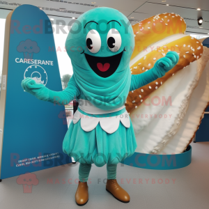 Teal Croissant mascot costume character dressed with a Bikini and Scarf clips