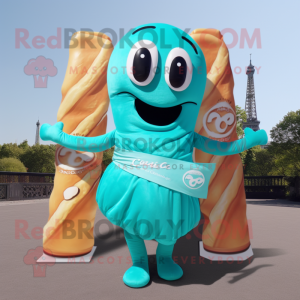 Teal Croissant mascot costume character dressed with a Bikini and Scarf clips