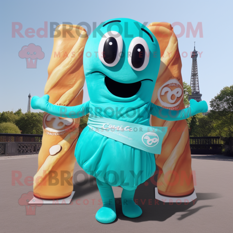 Teal Croissant mascot costume character dressed with a Bikini and Scarf clips Teal Croissant mascot costume character dressed with a Bikini and Scarf clips