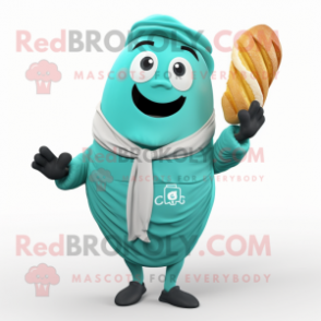 Teal Croissant mascot costume character dressed with a Bikini and Scarf clips