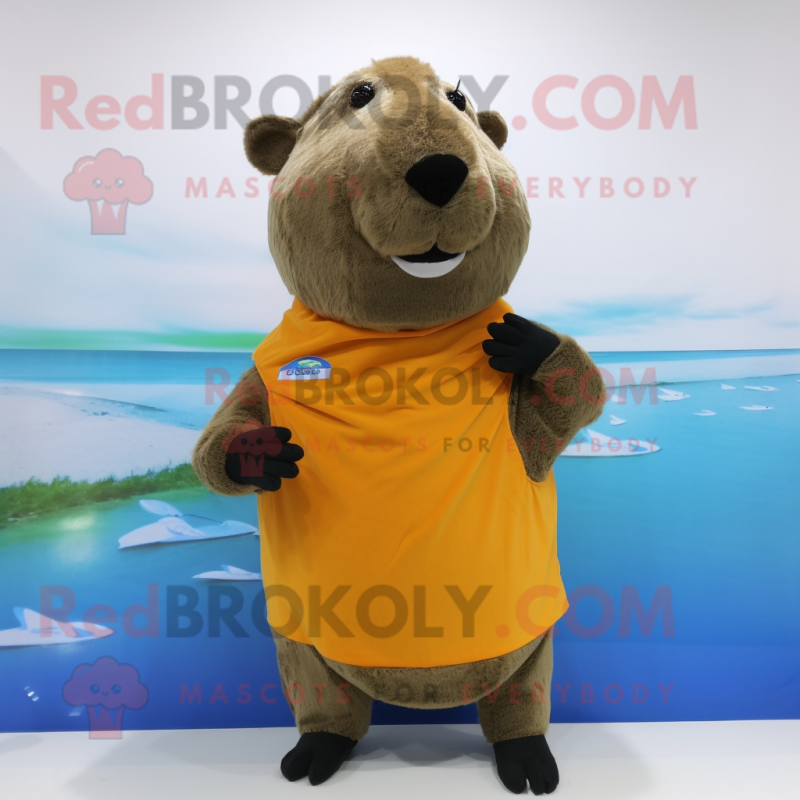 Olive Capybara mascot costume character dressed with a One-Piece Swimsuit and Scarf clips Olive Capybara mascot costume character dressed with a One-Piece Swimsuit and Scarf clips