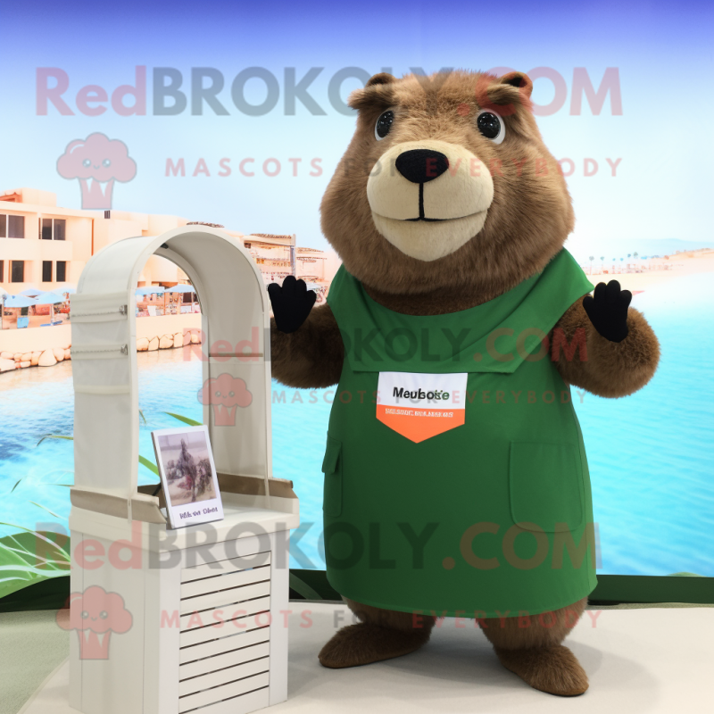 Olive Capybara mascot costume character dressed with a One-Piece Swimsuit and Scarf clips Olive Capybara mascot costume character dressed with a One-Piece Swimsuit and Scarf clips