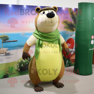 Olive Capybara mascot costume character dressed with a One-Piece Swimsuit and Scarf clips