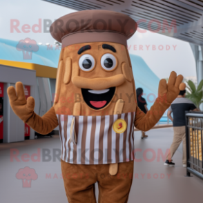 Brown French Fries mascot costume character dressed with a Chinos and Suspenders