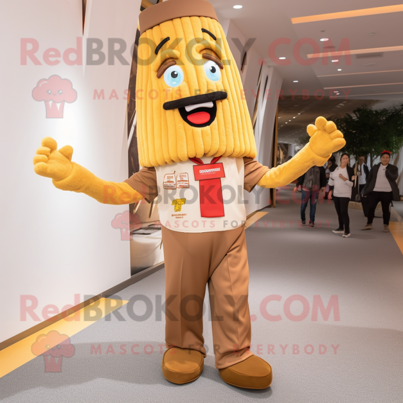 Brown French Fries mascot costume character dressed with a Chinos and Suspenders