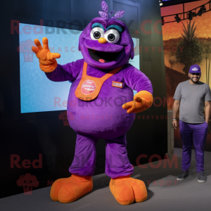 Purple Butter Chicken mascot costume character dressed with a Overalls and Smartwatches