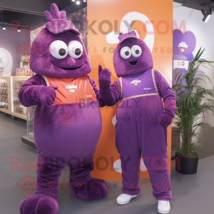 Purple Butter Chicken mascot costume character dressed with a Overalls and Smartwatches