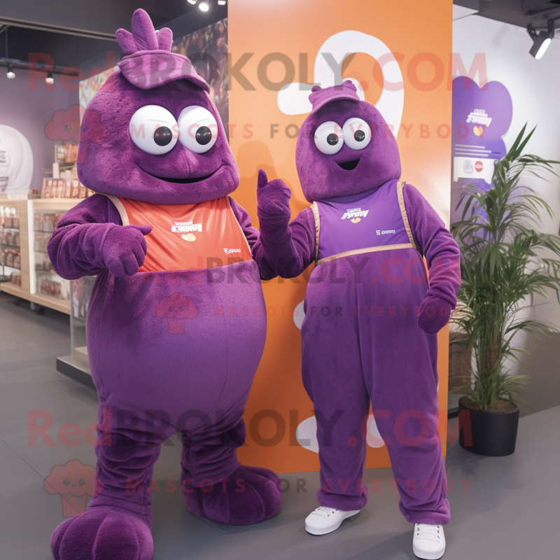 Purple Butter Chicken mascot costume character dressed with a Overalls and Smartwatches Purple Butter Chicken mascot costume character dressed with a Overalls and Smartwatches