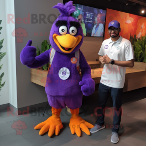 Purple Butter Chicken mascot costume character dressed with a Overalls and Smartwatches