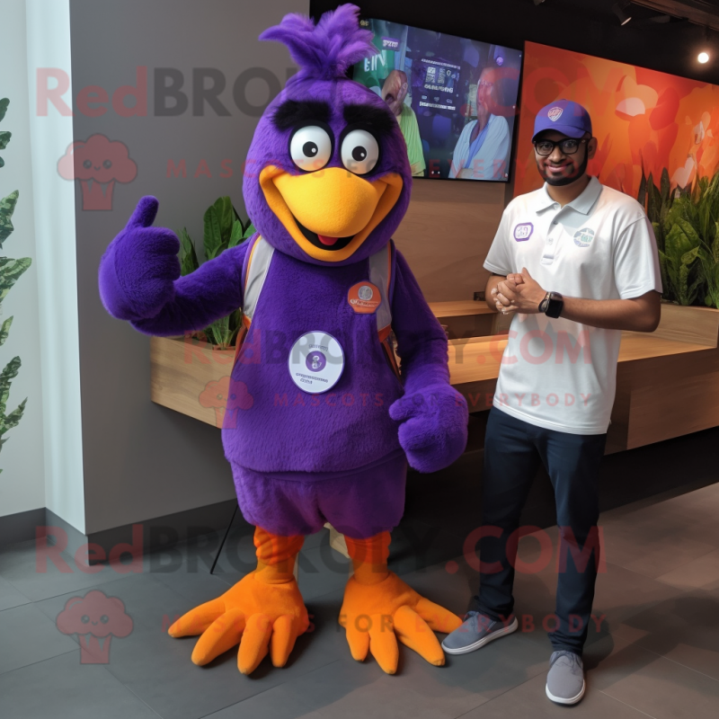 Purple Butter Chicken mascot costume character dressed with a Overalls and Smartwatches Purple Butter Chicken mascot costume character dressed with a Overalls and Smartwatches