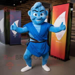 Blue Acrobat mascot costume character dressed with a V-Neck Tee and Wraps