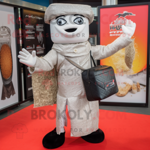 Silver Pad Thai mascot costume character dressed with a Coat and Briefcases