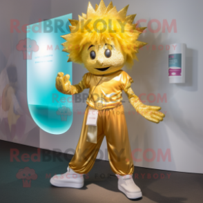 Gold Pendant mascot costume character dressed with a Capri Pants and Hair clips