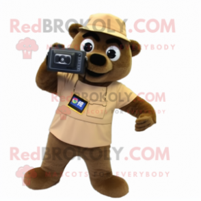 Tan Camera mascot costume character dressed with a Corduroy Pants and Bracelets