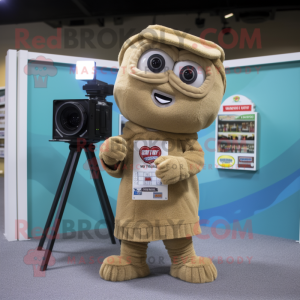 Tan Camera mascot costume character dressed with a Corduroy Pants and Bracelets