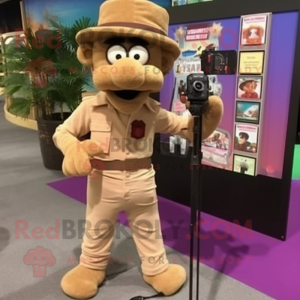 Tan Camera mascot costume character dressed with a Corduroy Pants and Bracelets