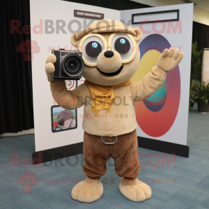 Tan Camera mascot costume character dressed with a Corduroy Pants and Bracelets