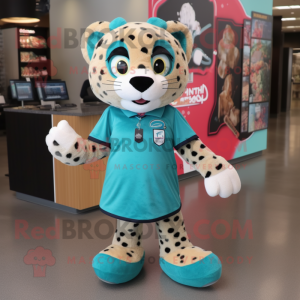 Teal Cheetah mascot costume character dressed with a Shift Dress and Shoe laces