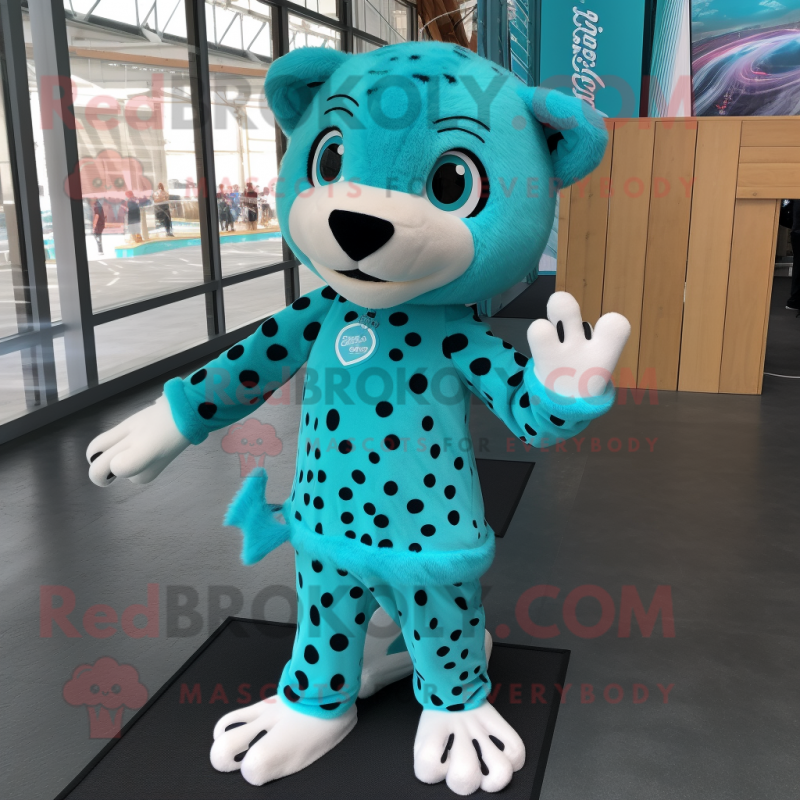 Teal Cheetah mascot costume character dressed with a Shift Dress and Shoe laces