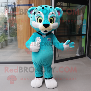 Teal Cheetah mascot costume character dressed with a Shift Dress and Shoe laces