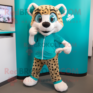 Teal Cheetah mascot costume character dressed with a Shift Dress and Shoe laces