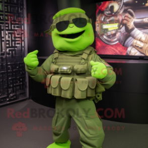 Lime Green Army Soldier mascot costume character dressed with a Vest and Bracelets