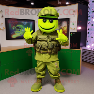Lime Green Army Soldier mascot costume character dressed with a Vest and Bracelets