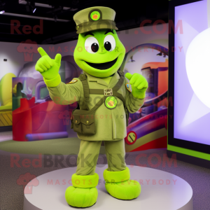 Lime Green Army Soldier mascot costume character dressed with a Vest and Bracelets