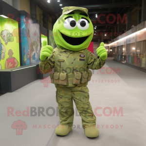 Lime Green Army Soldier mascot costume character dressed with a Vest and Bracelets