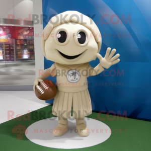 Beige American Football Helmet mascot costume character dressed with a Pleated Skirt and Lapel pins