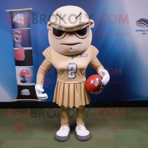 Beige American Football Helmet mascot costume character dressed with a Pleated Skirt and Lapel pins