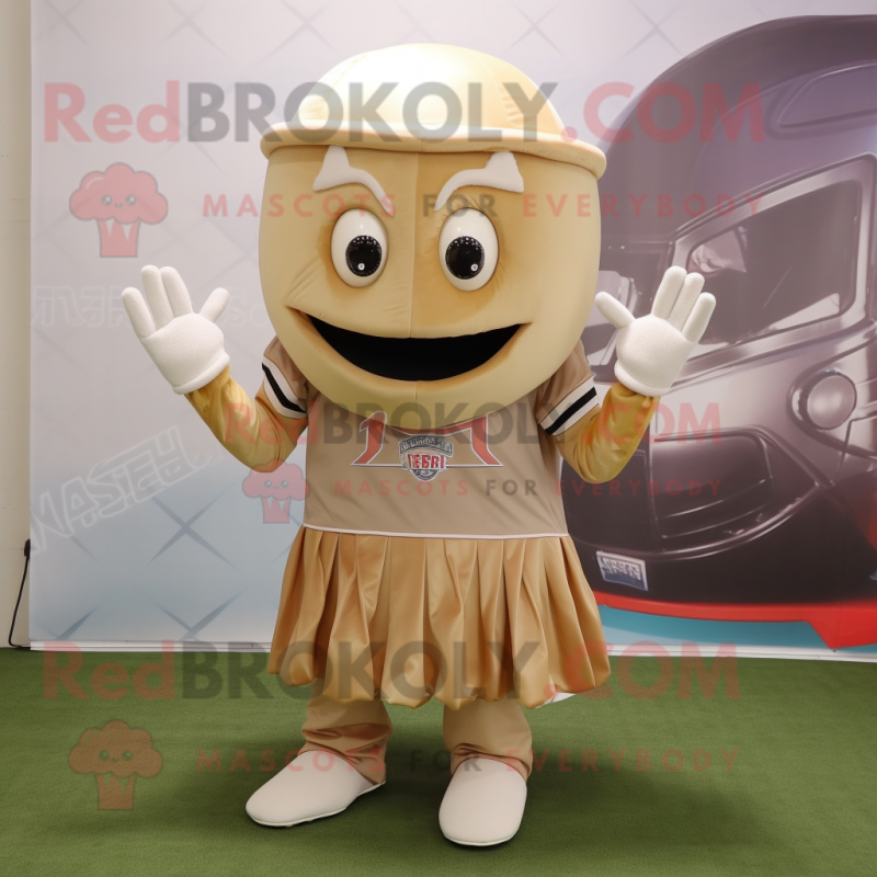 Beige American Football Helmet mascot costume character dressed with a Pleated Skirt and Lapel pins