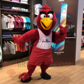 Maroon Parrot mascot costume character dressed with a Running Shorts and Tote bags