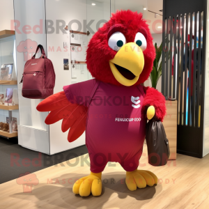 Maroon Parrot mascot costume character dressed with a Running Shorts and Tote bags