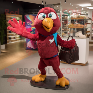 Maroon Parrot mascot costume character dressed with a Running Shorts and Tote bags