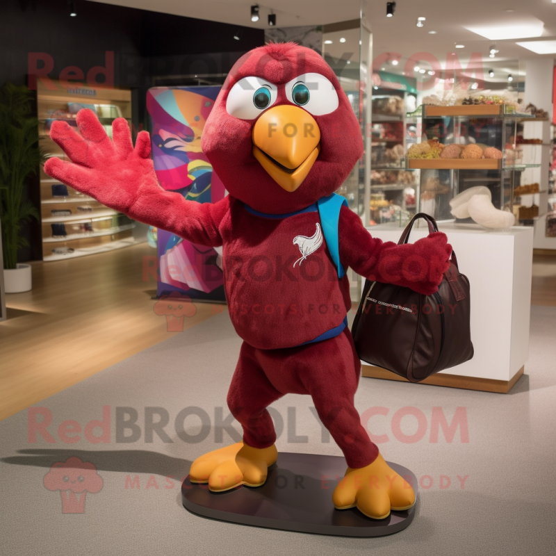 Maroon Parrot mascot costume character dressed with a Running Shorts and Tote bags Maroon Parrot mascot costume character dressed with a Running Shorts and Tote bags